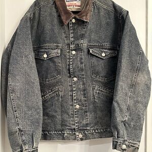 Vintage Denim Detroit style Jacket with Leather Collar Blanket Lined